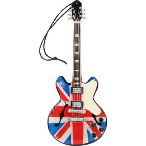 Gitarrenanhänger aus Holz im Stil der britischen Flagge, eine feine und detailreiche musikalische Dekoration, ein eleganter Mini-Anhänger. (1/5)