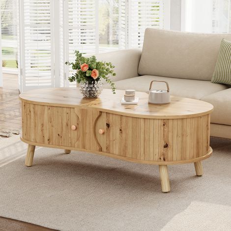 Table basse en forme de pois avec aspect rainuré, 2 portes coulissantes, table de salon, pieds en bois massif, matériau MDF transportable