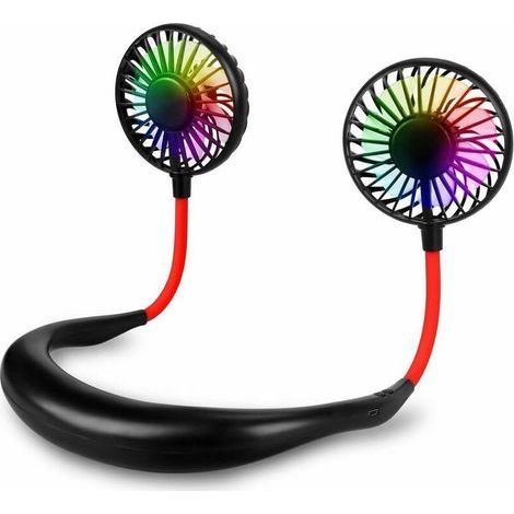 Wiederaufladbarer, tragbarer Nackenventilator, Mini-USB-Ventilator mit zwei verstellbaren Köpfen, 3 Geschwindigkeitsstufen, integriertem LED-Licht, ideal für Büro, Reisen und Sport – schwarz (1/5)