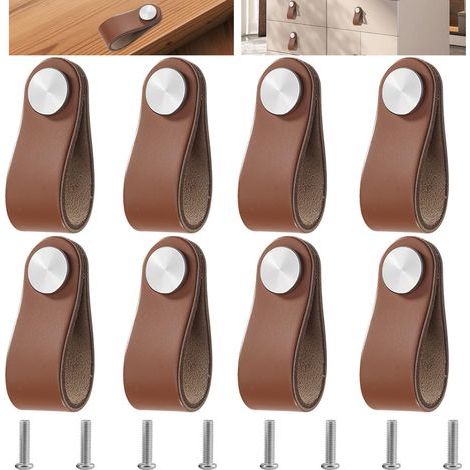 8 Pièces Poignée Meuble Cuir Café Clair, Bouton Porte Placard Poignee Cuir Bouton de Tiroir, Poignee de Meuble Vintage pour Armoires, Commode, Cuisine, Salle de Bain (1/5)