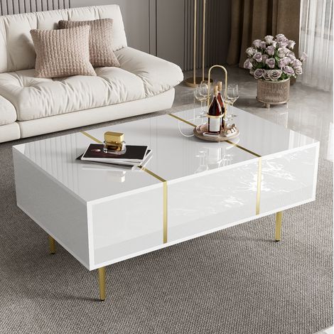 Table basse 100x60x41,5 cm blanc brillant avec 2 tiroirs, MDF et détails métal doré MEUBLIV (1/5)