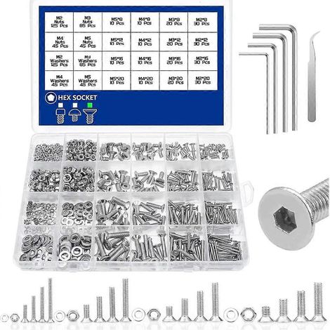 Kit de 880 vis à tête fraisée hexagonale creuse en acier inoxydable 304 (M2, M3, M4, M5) avec boîte de rangement (1/5)