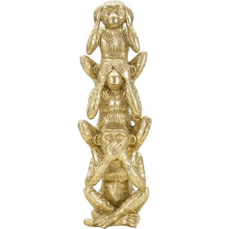 Scultura Tre Scimmie Sagge Tower in resina dorata