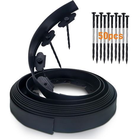 10 m lange, flexible Rasenkante mit 50 Befestigungspfählen, 5 cm hoch, aus Kunststoff, zur Einfassung von Blumenbeeten, Gartenwegen und Bäumen, schwarz – 5 cm x 10 m (1/5)