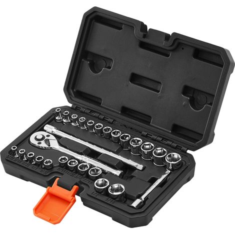 Mophorn Juego de vasos de 6,4 mm, SAE y métrico, con barra de extensión, llave de trinquete y estuche de almacenamiento, fabricado en acero aleación CR-V, 27 piezas, 215 x 136 x 50 mm