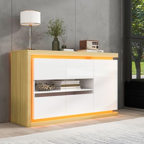 Meuble de salon 140 x 40 x 84 cm, commode moderne à 4 compartiments, largeur 140 cm, meuble d'appoint avec éclairage LED, buffet laqué brillant avec portes en verre trempé, idéal pour les entrées, les (1/4)