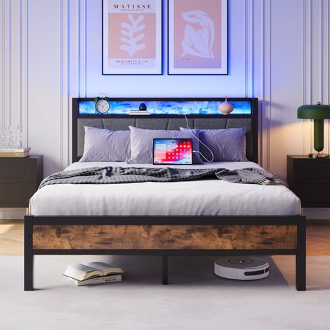 Lit 120x200 cm - Lit simple 120x200 - Cadre de lit en métal et bois avec tête de lit de rangement, USB et LED - Marron Antique (1/5)