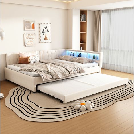 Lit banquette gigogne en lin beige et MDF 140x200 cm avec USB, port Type-C, LED et rangement (1/5)