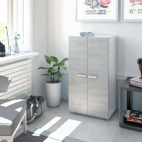 Dmora Armoire à usages multiples Norwalk, Meuble à chaussures avec 2 portes, Meuble bas avec 6 étagères, Meuble à chaussures bas moderne, cm 55x36h103, Blanc et Gris, avec emballage renforcé (1/4)