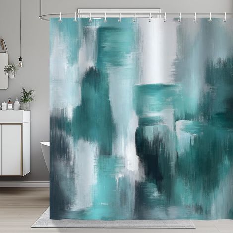 Rideau de Douche Abstrait Sarcelle, Rideau de Baignoire Moderne Géométrique Turquoise Vert 180 x 180 cm Polyester Imperméable Résistant à la Moisissure 12 Crochets (1/5)