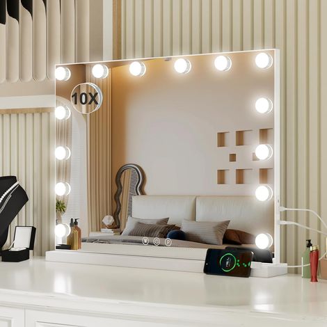 1 Miroir Hollywood, 14 ampoules LED, commande tactile, miroir grossissant 10x, port USB, salle de bain (1/5)