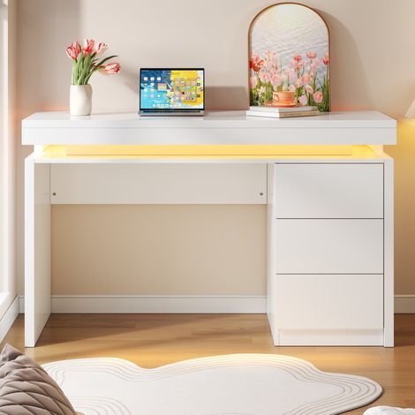 Bureau 120x50 LED avec 3 tiroirs MDF blanc OKMYHOME (1/5)