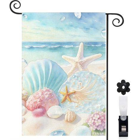 Drapeau de jardin bienvenue 30 x 45 cm motif coquillages et vagues marines toile double face (1/5)