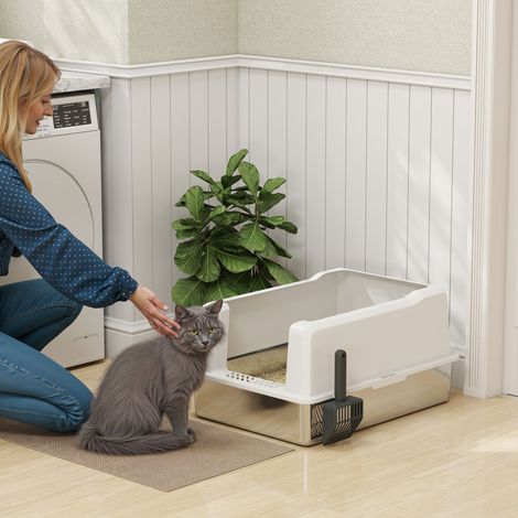 Blanc - Litière chat étanche XXL, parois surélevées, acier, pelle, ABS, 71 x 50,8 x 35,5 cm