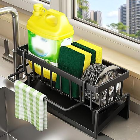 Organizzatore per lavello da cucina in acciaio inox con vassoio di scolo automatico per spugne, asciugamani, strofinacci, spazzole organizer per cucina e bagno. (1/5)