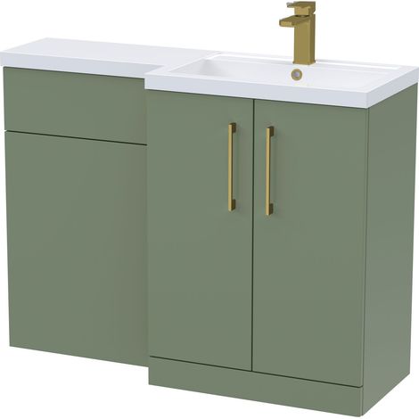 Balterley Right-Hand Bathroom Vanity and WC Unit Combination with Basin - 1100mm - Satin Green with Brushed Brass Handles