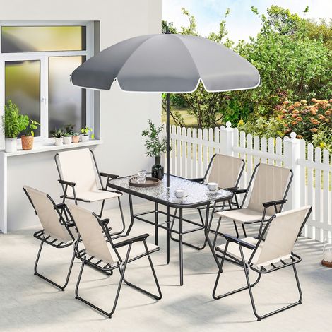 Conjunto de Mesa y Sillas Jardín de 8 Piezas con Sombrilla 6 Sillas Plegables Mesa de Vidrio Templado Crema (1/5)