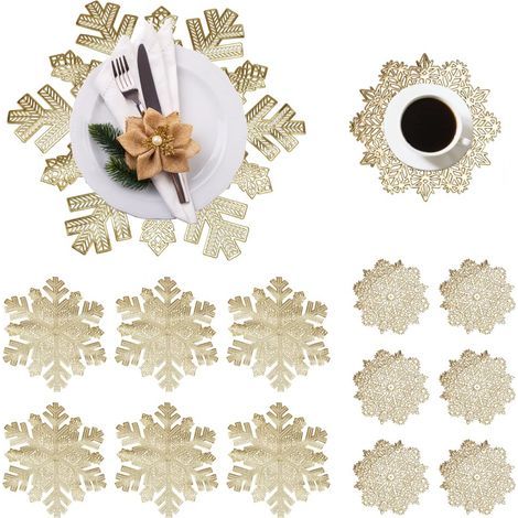 Lot de 6 sets de table et 6 dessous de verre, flocons de neige, sets de table de Noël en PVC, dessous de verre ronds, lavables et résistants à la chaleur, pour table de cuisine, 38 cm (doré) (1/5)