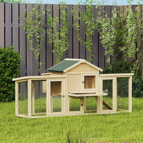 Poulailler clapier modÚle chalet multi-équipé : rampes, nichoirs, plateau, en bois massif 204 x 85 x 93 cm bois naturel (1/5)