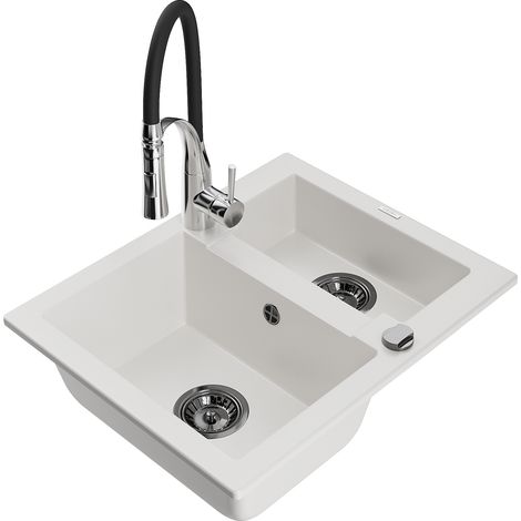 Mexen Carlos fregadero de granito de 1,5 senos con grifo de cocina Aster, blanco - 6518-20-73450-07-B (1/5)