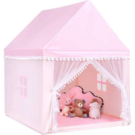 COSTWAY Tente de Jeux Enfant avec Tapis Doux & Lavable, Maison de Jeu en Château de Style Princesse en Coton, Cadre en Bois pour 3-4 Garçons et Filles, 120x105x140cm