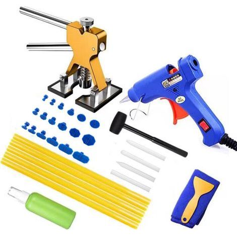 Outil Débosselage sans Peinture Kit Débosselage (Golden) Carrosserie 34 PCS avec Pistolet à Colle,Doré Dent Extracteur,pour Voiture,Réfrigérateur,Moto Corps,Porte (1/5)
