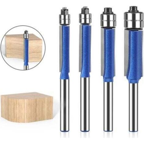 4 forets à affleurer à tige de 6 mm, fraises à rainurer, fraises à affleurer avec double roulement sur la tête (diamètre de coupe : 6,35 mm, 7,96 mm, 9,52 mm, 12,7 mm)