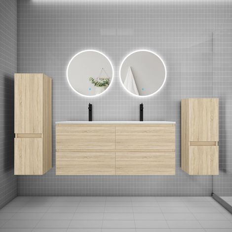 Ensemble meuble double vasque L.120cm 4 tiroirs + lavabo + 2LED miroirs rond 60cm + 2colonne,chêne
