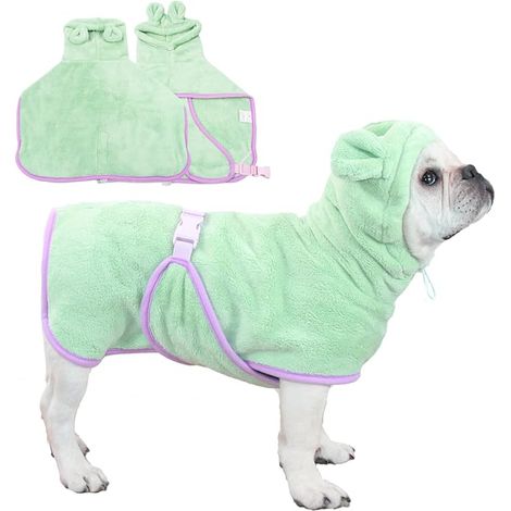 Dog Cat Dressing Gown with Hood - Quick Drying - Adjustable Collar and Belly Strap for Pool Beach - Green, Size S (1/5)