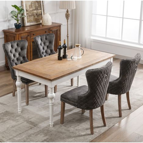 Set di 4 sedie da pranzo in velluto grigio, gambe in legno massello, 53 x 46,5 x 95 cm (1/5)