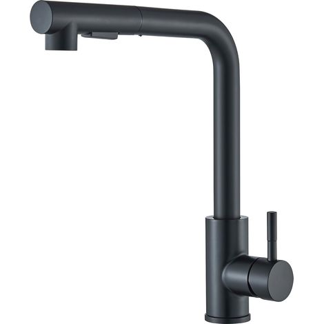 Robinet de cuisine, robinet d'évier avec douchette extractible, pivotant à 360°, en acier inoxydable, avec tuyau d'arrivée d'eau, noir (1/5)