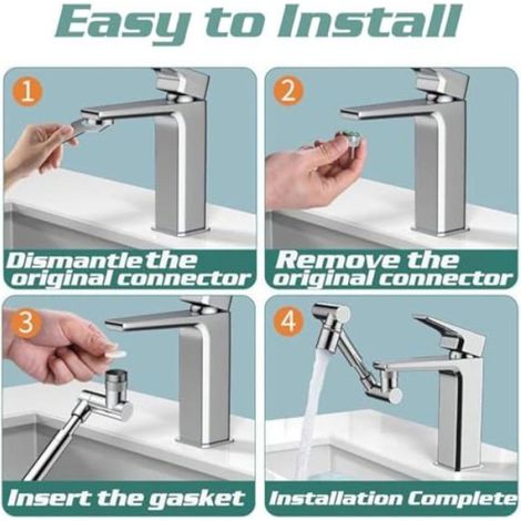 Rallonge de robinet rotative à 1440° avec double jet, fixation anti-éclaboussures pour évier de cuisine et salle de bain,(argenté) (1/5)