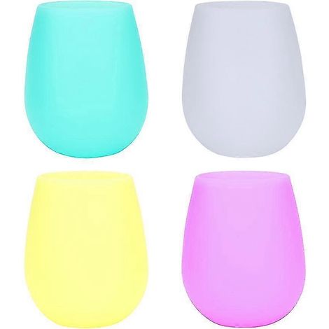 Lot de 4 verres à vin en silicone incassables et réutilisables, pouvant être congelés, pour les fêtes et les pique-niques. Couleurs : blanc, jaune, violet, vert. (1/5)