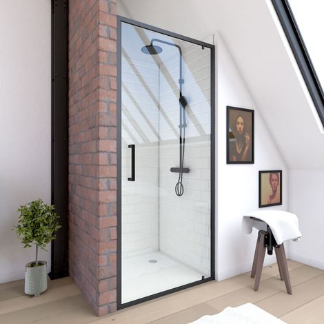 MAMPARA DUCHA PIVOTANTE 80X200CM - PERFIL NEGRO MATE - CRISTAL 6MM (1/4)