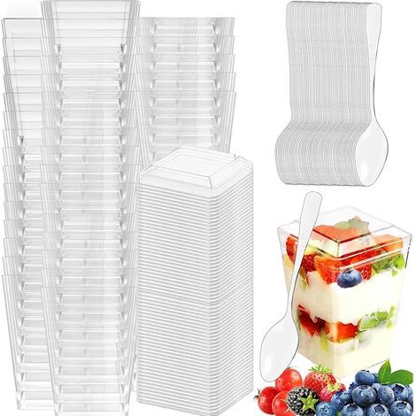 50Pcs Tasses à Dessert avec Cuillères Mini & Couvercle, 5oz/160ml Coupes Dessert, Gobelets Plastique Réutilisables, Verrines Transparents Carrés pour Pudding,Mousse,Crème Glacée,Tiramisu,Anniversaire (1/5)
