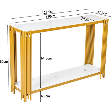 Console 2 niveaux, meuble d'entrée imitation marbre, piètement métal doré brillant, table d'appoint design pour couloir, séjour et chambre - Hauteur 80 / Largeur 123,5 / Profondeur 33,5 cm (1/5)