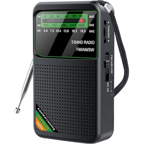 Radio de bolsillo tribanda negra, Radio portátil AM/FM/onda corta, Con transistores y un altavoz grande, Funciona con pilas (1/5)
