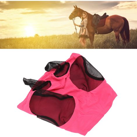 [Masque anti-insectes pour cheval] Masque facial élastique respirant avec protection des oreilles, tissu maillé, rose, 44x36cm (1/5)