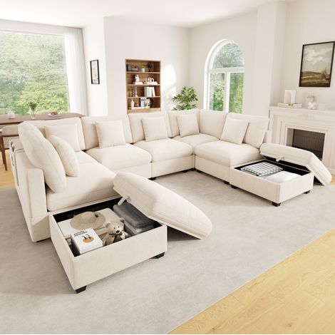 Canapé d’angle modulable en U convertible 292x220 cm 8-9 places avec 2 poufs coffre, chenille - beige (1/5)