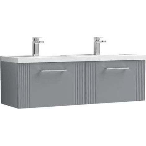 Nuie Deco Satin Grey 1200mm Wall Hung 2 Drawer Vanity Unit and Double Polymarble Basins - DPF294C (1/4)
