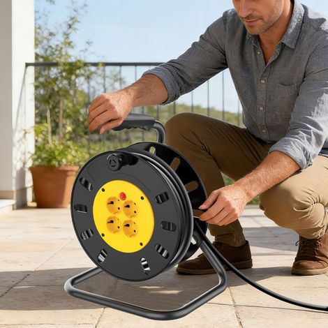 Kabelaufroller 15m gelb und schwarz mit Halterung und Steckdose, Materialien PVC Aluminium Kupfer, Aufbewahrung und elektrische Übertragung
