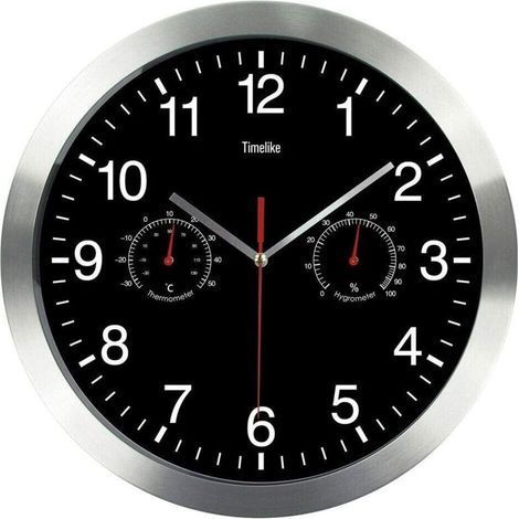Quartz Ronde Horloge Murale, Aluminium Silencieuse Intérieur Murale Horlog vec Thermomètre Et Hygromètre pour Salon Cuisine Bureau (Noir) (1/5)