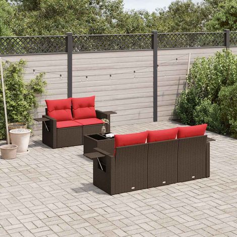 Salon de jardin modulable 6 pièces en résine tressée marron avec coussins rouges, 51.8kg - PANGIVO (1/5)