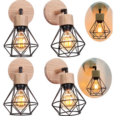 Applique Murale en Bois E27 Lampe Murale Vintage Industrielle Cage en Métal E27 40W Noir - 4PCS