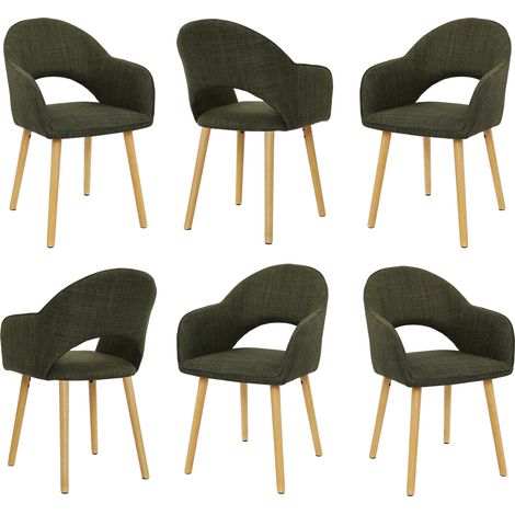 Goeurvant Chaises de salle à manger confortables en tissu effet lin avec dossier en forme de croissant et accoudoirs ergonomiques, L'alliance parfaite de soutien et de style - Lot de 6 - Vert olive