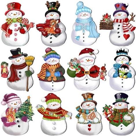 Set mit 12 Schneemann-Dekorationen aus Holz für den Weihnachtsbaum, das Fenster oder die Tür.