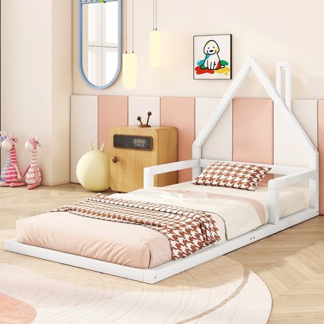 Cama infantil 90x200 cm diseño estilo casita madera maciza de pino diseño minimalista blanca (Sin Colchón) (1/5)