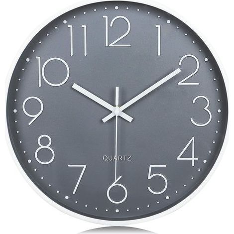 30 cm Grey Modern Silent Wall Clock, 3D Numbers Wall Clock, Easy to Read Non-Ticking Decorative for Kitchen, Living Room, Bedroom, Office