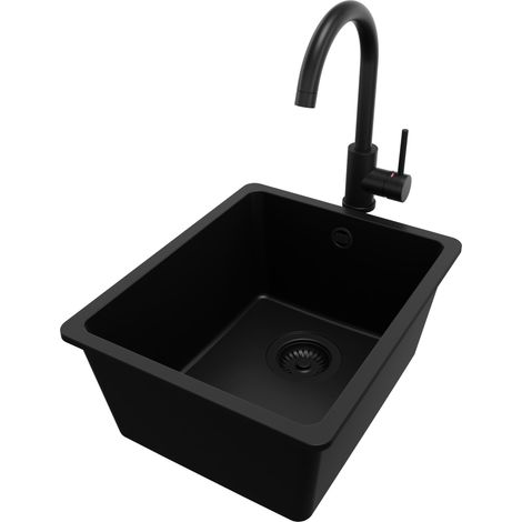 PRIMAGRAN Evier Cuisine en Granit 36x44cm, Lavabo 1 bac + Robinet 32x20cm + Kit de Vidage, Évier à Encastrer au meuble 40cm - Venise Slim Easy, Tout Noir (1/5)