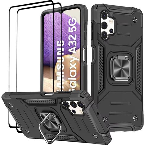 Coque Compatible pour Samsung Galaxy A32 5G, Verre Trempé [2 Pièces] Housse TPU Silicone Rotation 360° Aimant Anneau Support Double Défense Protection Etui pour Samsung A32 5G - Noir (1/5)